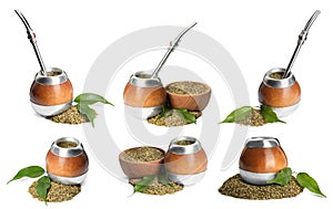 Set with calabashes with mate tea and bombillas on white background