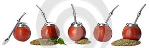Set with calabashes with mate tea and bombillas on white background. Banner design