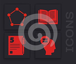 Set Calculation, Geometric figure Pentagonal prism, Open book and Test or exam sheet and pen icon. Vector