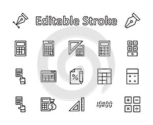 Set of Calculation Vector Line Icons. Contains such Icons as Calculator Icon, Pencil, Click, Money Bag, Percent symbol