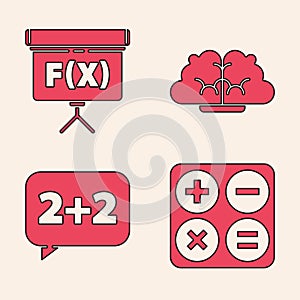 Set Calculator, Chalkboard, Human brain and Equation solution icon. Vector
