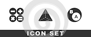 Set Calculator, Geometric figure Tetrahedron and Subsets, math, is subset of b icon. Vector