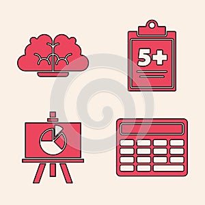 Set Calculator, Human brain, Test or exam sheet and Chalkboard with diagram icon. Vector