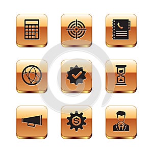 Set Calculator, Megaphone, Gear with dollar symbol, Approved and check mark, Social network and Phone book icon. Vector