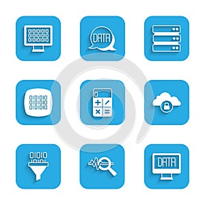 Set Calculator, Search data analysis, Data, Cloud computing lock, Binary code, Server and icon. Vector