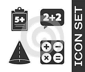 Set Calculator, Test or exam sheet, Geometric figure Cone and Equation solution icon. Vector
