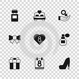 Set Calendar with 8 March, Perfume, Woman shoe, Heart, Female gender symbol, Bedroom and Gift bow icon. Vector