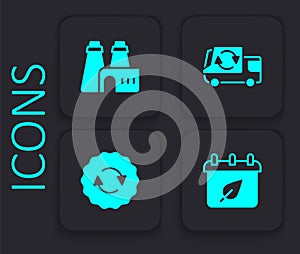 Set Calendar with autumn leaves, Factory production, Garbage truck and Recycle symbol icon. Black square button. Vector