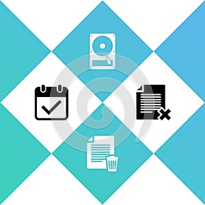 Set Calendar with check mark, Delete file document, Hard disk drive HDD and icon. Vector