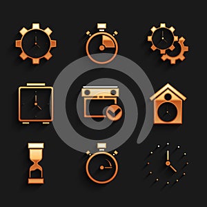 Set Calendar with check mark, Stopwatch, Clock, Retro wall, Old hourglass, Alarm clock, Time Management and icon. Vector