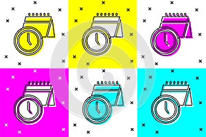 Set Calendar and clock icon isolated on color background. Schedule, appointment, organizer, timesheet, time management