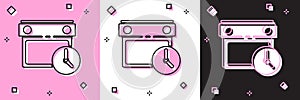 Set Calendar and clock icon isolated on pink and white, black background. Schedule, appointment, organizer, timesheet