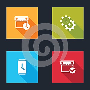 Set Calendar and clock, Time Management, Alarm app mobile and with check mark icon. Vector
