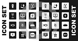 Set Calendar with Easter, Christian cross on monitor, chalice, Coffin, Dove, bread and fish symbol icon. Vector