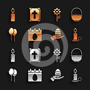 Set Calendar with Easter egg, Basket, Burning candle in candlestick, Human hand easter, Balloons ribbon, Flower, and