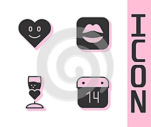 Set Calendar with February 14, Heart, Glass of champagne and Smiling lips icon. Vector