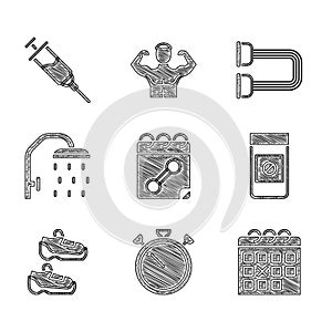 Set Calendar fitness, Stopwatch, Anabolic drugs, Sport sneakers, Shower head, Chest expander and Doping syringe icon