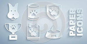 Set Calendar grooming, Animal health insurance, Pet award symbol, food bowl for cat or dog, Canned and Dog icon. Vector