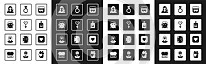 Set Calendar with heart, Female gender symbol, Romantic girl, Perfume, Wedding rings, Heart and Location icon. Vector