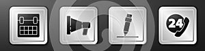 Set Calendar, Megaphone, Pencil with eraser and Telephone 24 hours support icon. Silver square button. Vector.