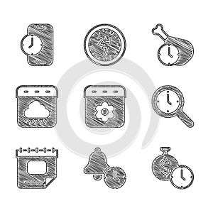 Set Calendar spring, Alarm clock, Time is money, Magnifying glass with, autumn, Food time and app mobile icon. Vector