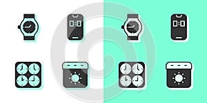 Set Calendar summer, Wrist watch, Time zone clocks and Alarm app mobile icon. Vector