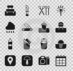 Set Calendar, Sunrise, Barbecue grill, Match stick, Swiss army knife, Cloud with rain, Bench and Trash can icon. Vector