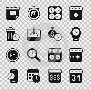 Set Calendar, Time flies on the clock, Clock, zone clocks, Sunset, Waste of time, and is money icon. Vector