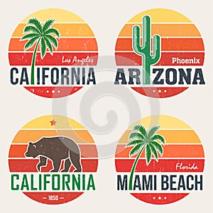 Set of California, Arizona, Miami t-shirt prints