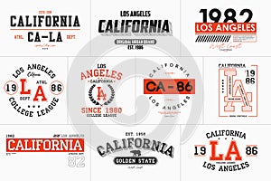 Set of California, Los Angeles prints for t-shirt. Typography graphics for college tee shirt. LA stamp collection for varsity