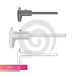 A set of calipers with a numerical scale. Realistic, lines and solid color design. Tools for technical specialists. Flat