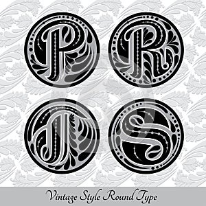 Set of calligraphic capital letters with abstract pattrn into round shapes - p, r, t, s