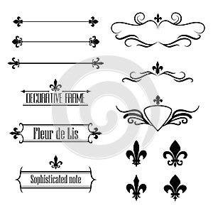 Set of calligraphic flourish design elements, borders and frames - fleur de lis