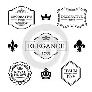 Set of calligraphic flourish design elements - fleur de lis, crowns, frames and borders - decorative vintage style