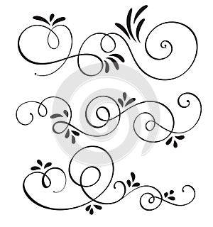 Set of calligraphy flourish art with vintage decorative whorls for design. Vector illustration EPS10