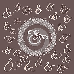 Set of Calligraphy lettering vintage decoration ampersands for letters and invitation. Hand drawn type. Vector