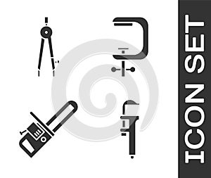 Set Calliper or caliper and scale, Drawing compass, Chainsaw and Clamp and screw tool icon. Vector