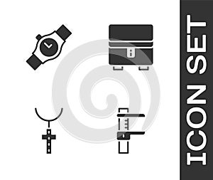 Set Calliper or caliper and scale, Wrist watch, Christian cross on chain and Jewelry box icon. Vector
