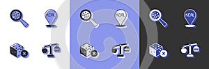 Set Calorie calculator, GMO, No sugar free and Kcal icon. Vector