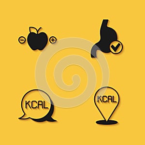Set Calorie calculator, Kcal, and Human stomach health icon with long shadow. Vector