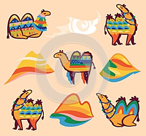 Set with camels, desert and hills in cartoon tribal styles