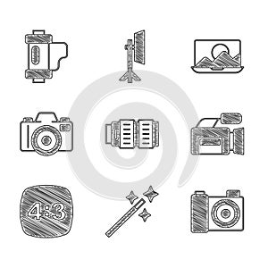 Set Camera photo lens, Photo retouching, camera, Cinema, frame 4, and film roll cartridge icon. Vector