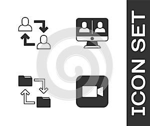 Set Camera, Project team base, Cloud storage document folder and Video chat conference icon. Vector