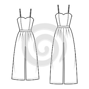 Set of cami jumpsuits culotte overall technical fashion illustration with full ankle length, rise, double pleats, strap photo