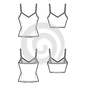 Set of Camisoles V-neck cotton-jersey top technical fashion illustration with thin straps slim fit, tunic or crop length