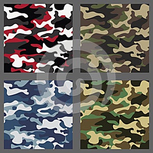 Set of camouflage seamless patterns background. Classic clothing style masking camo repeat print. Green,brown,black