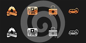 Set Campfire, Fire alarm system, First aid kit and Burning car icon. Vector