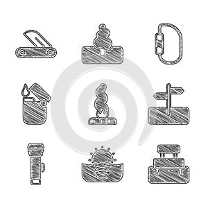 Set Campfire, Sunrise, Bench, Road traffic sign, Flashlight, Lighter, Carabiner and Swiss army knife icon. Vector