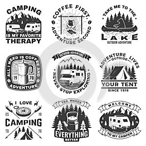 Set of camping badges, patches and outdoor adventure emblem, logo. Mountain tourism, hiking. Jungle camp label in