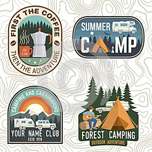 Set of Camping and caravanning club badges. Vector. Concept for logo, print, stamp, patch or tee. Vintage typography